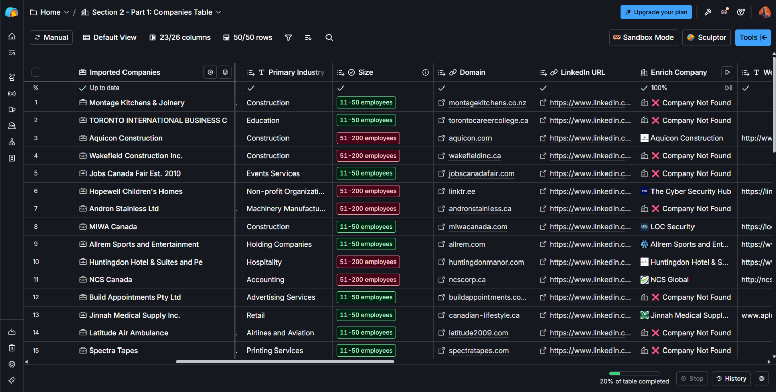 Enriched rows carrying a situation line, value line and CTA per company.
